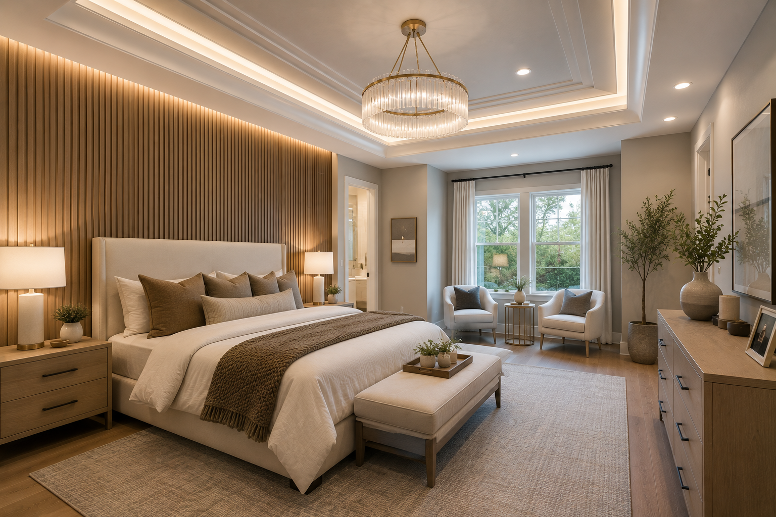 Newly remodeled bedroom with wood slat accent wall, tray ceiling lighting, and refreshed finishes