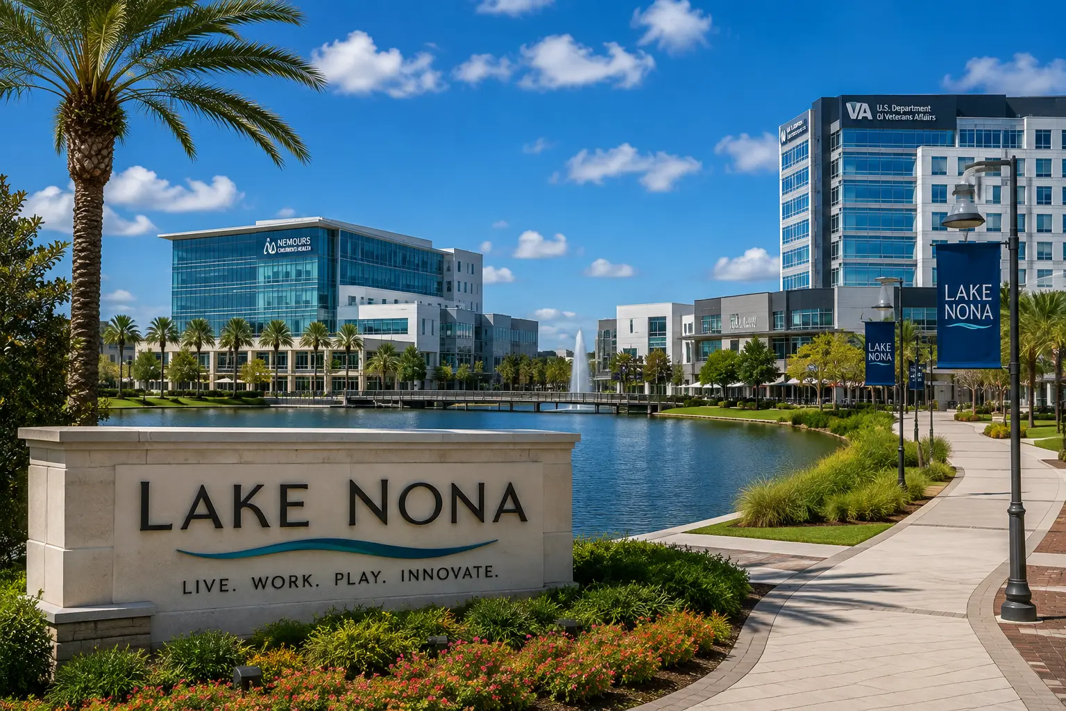 Lake Nona Town Center sign with modern medical city buildings