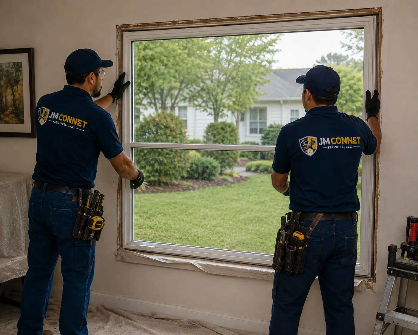 Two installers fitting a new replacement window in a living room