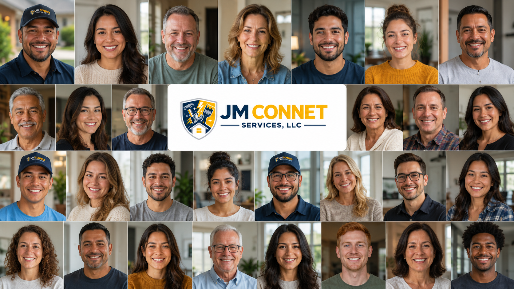 Collage of satisfied JM Connect Services customers across Central Florida with the company logo
