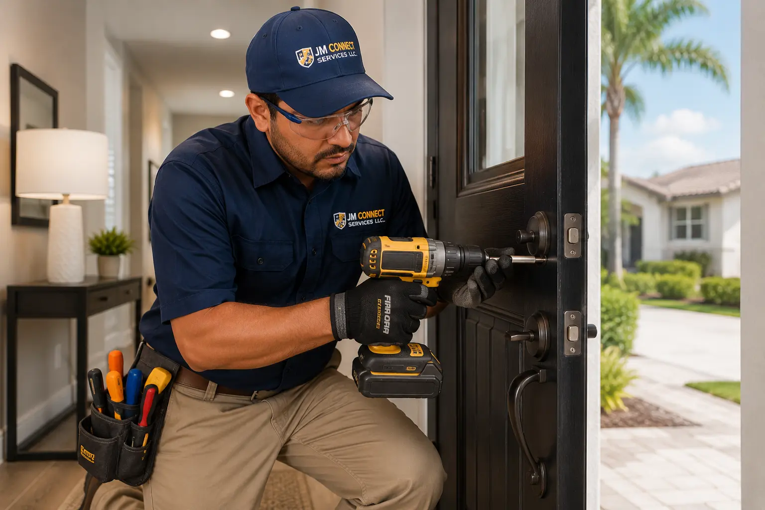 Handyman repairing a door hinge and latch alignment