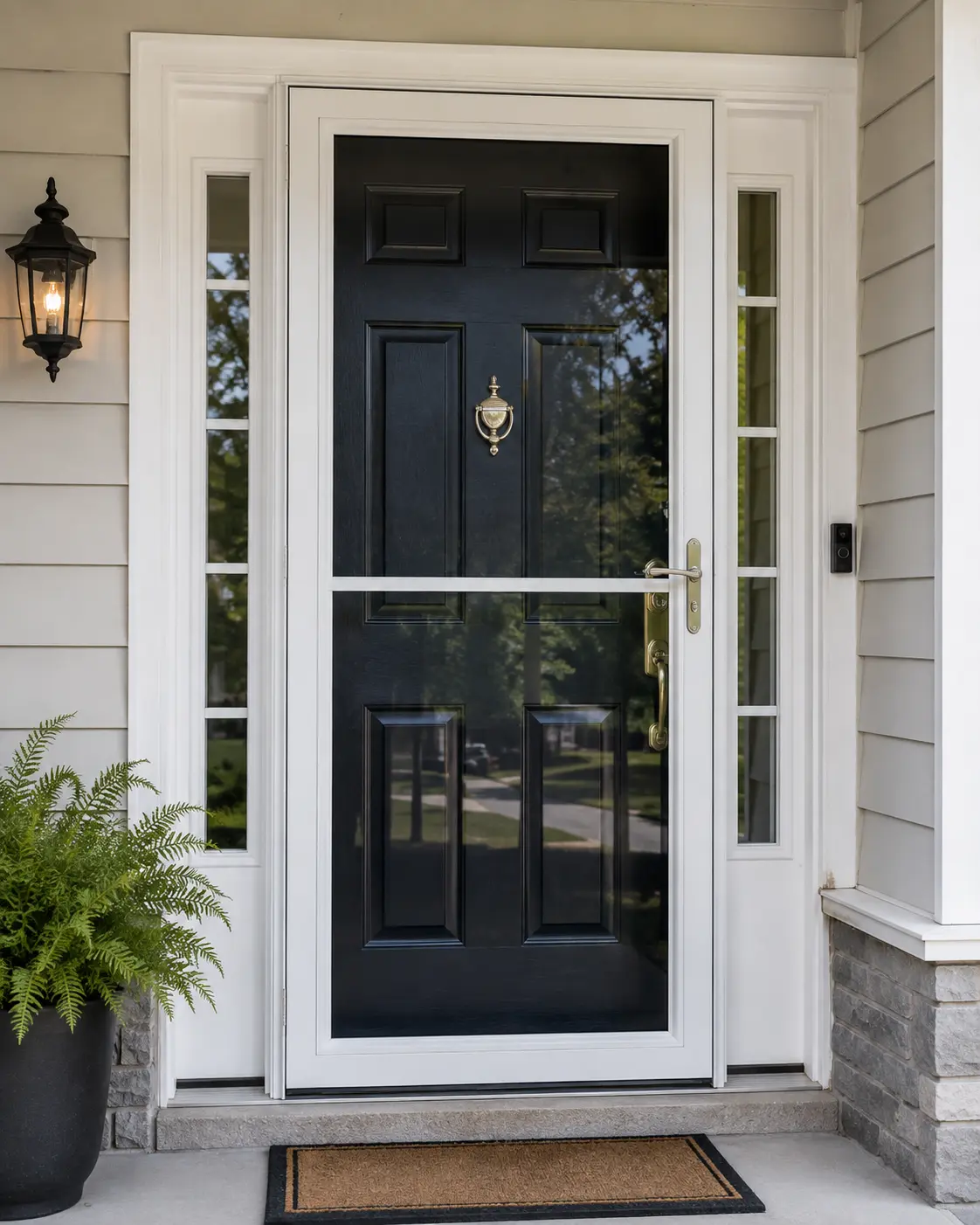 Technician installing a full-view storm door in front of an entry door