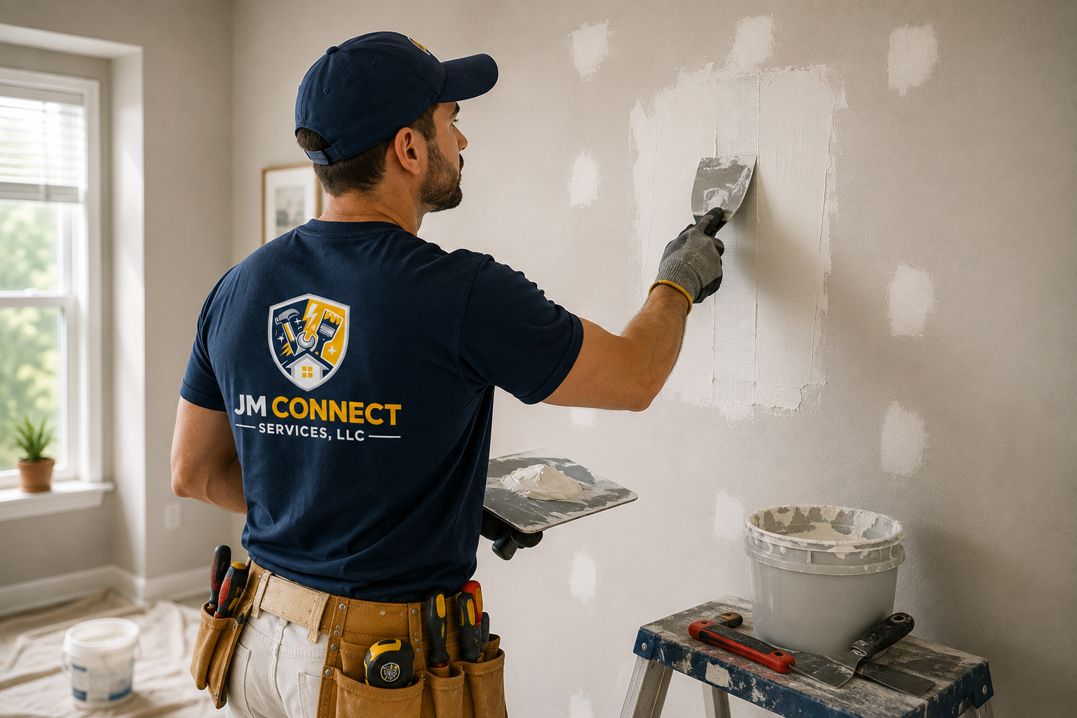 Handyman patching a hole in a residential drywall wall