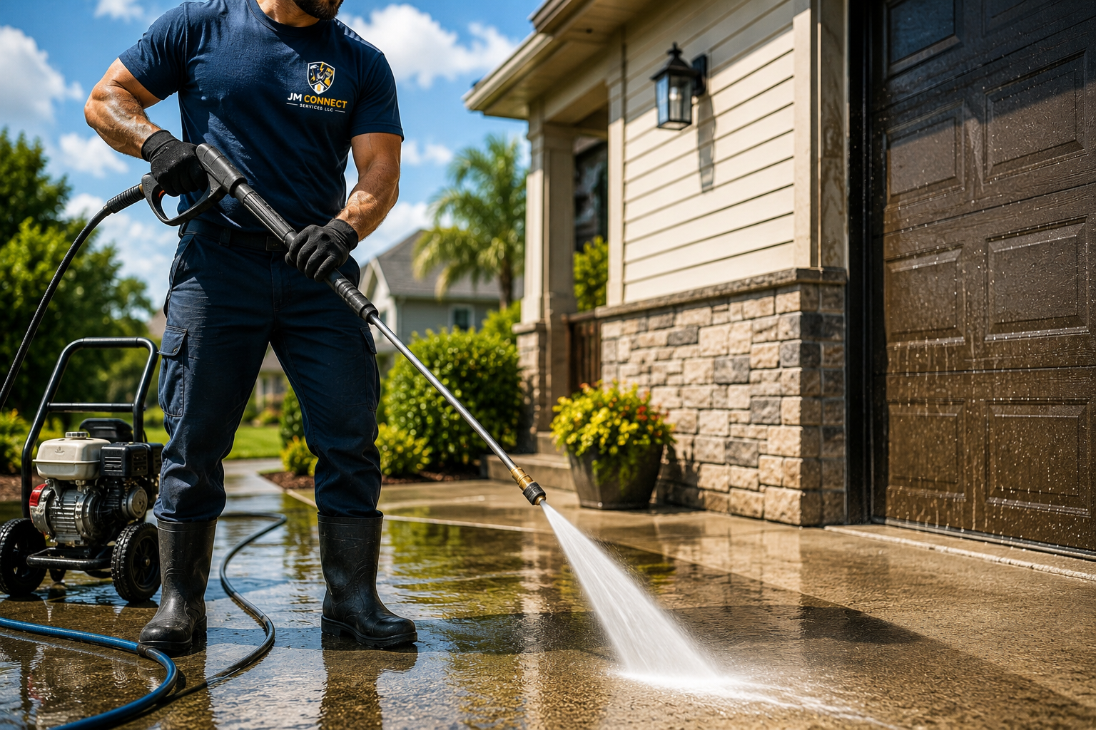 Technician pressure washing the exterior wall of a Florida home