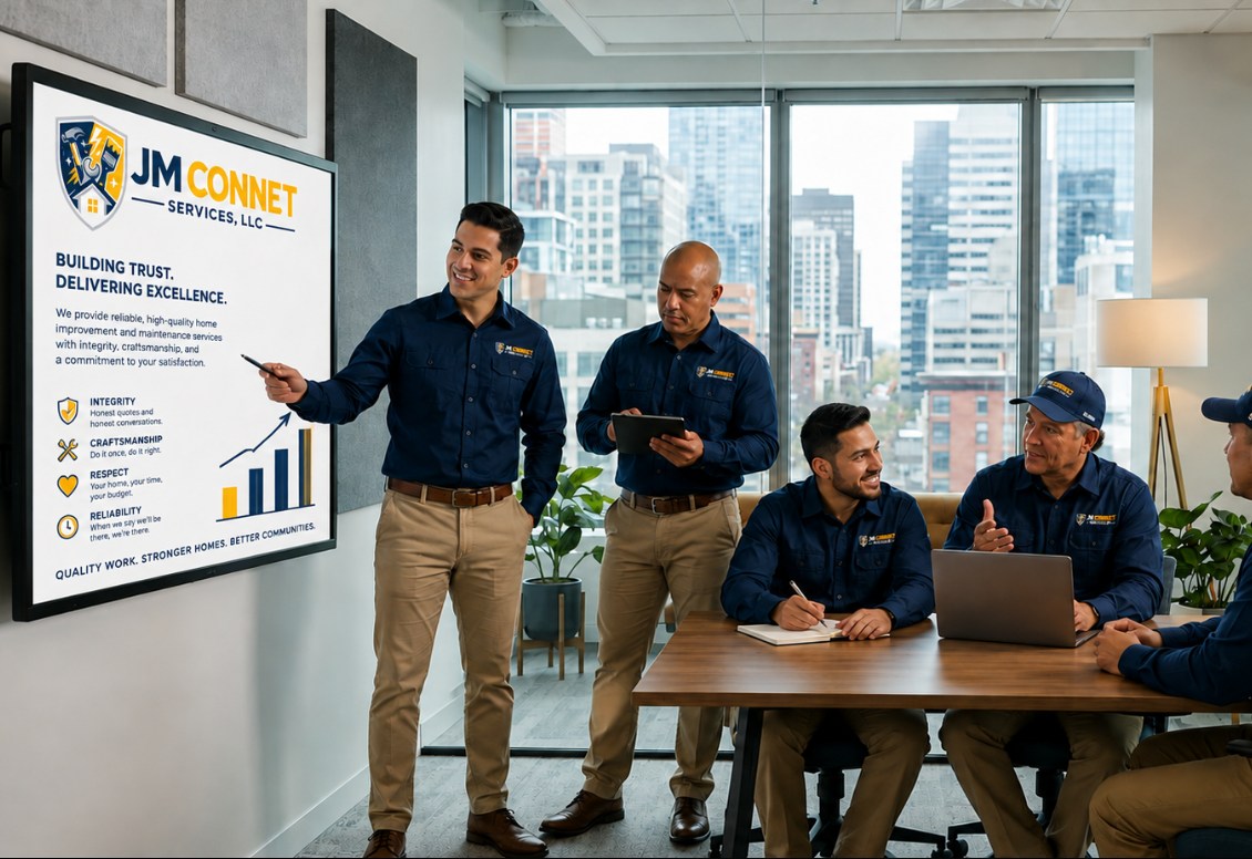 JM Connect Services team members reviewing values in a modern office setting