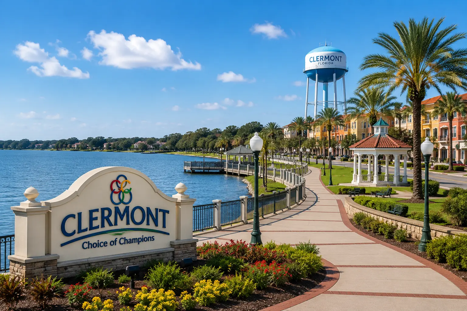 Clermont waterfront promenade with the Clermont city sign and water tower