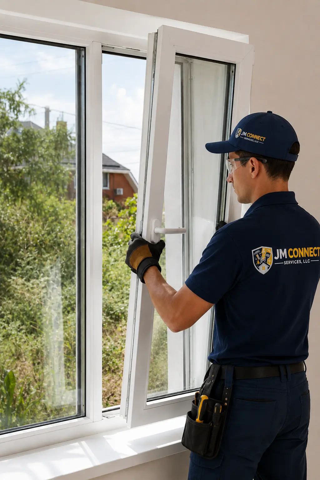 Technician installing a new single-hung window in a stucco wall
