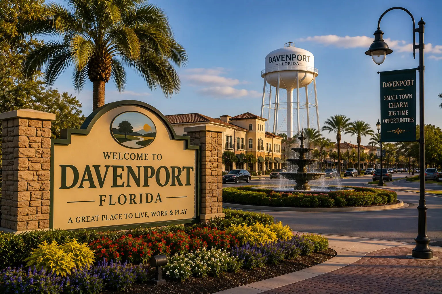 Welcome to Davenport, Florida sign with roundabout fountain and water tower