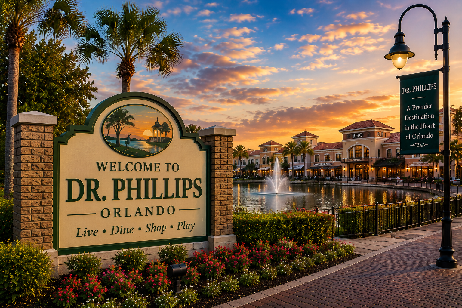 Welcome to Dr. Phillips, Orlando sign with shops, fountain, and palm trees at sunset