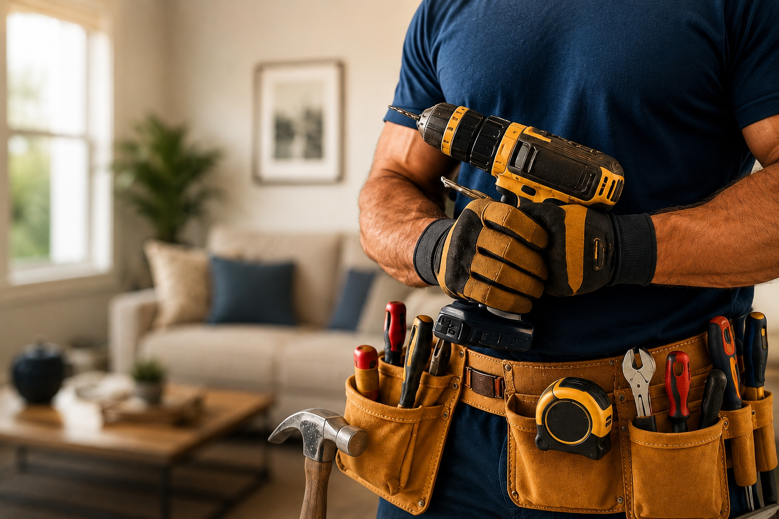 Handyman repairing a kitchen cabinet hinge inside a residential home