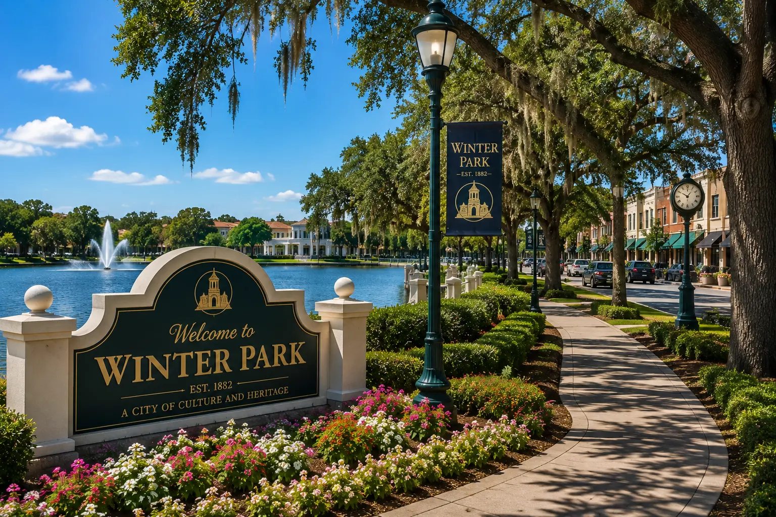 Welcome to Winter Park sign along the tree-lined lakefront