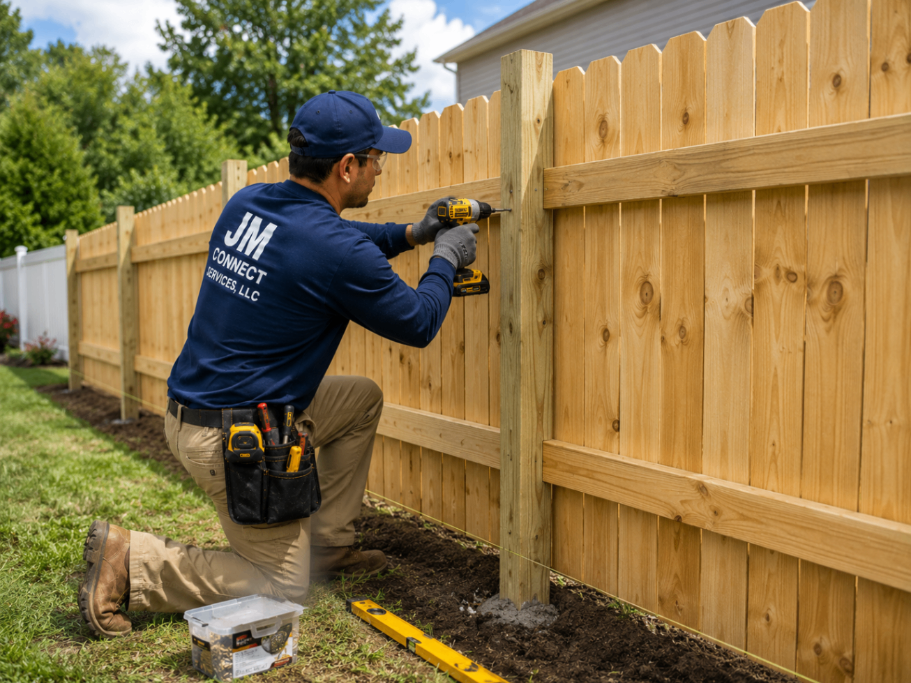 JM Connect technician installing a wood privacy fence