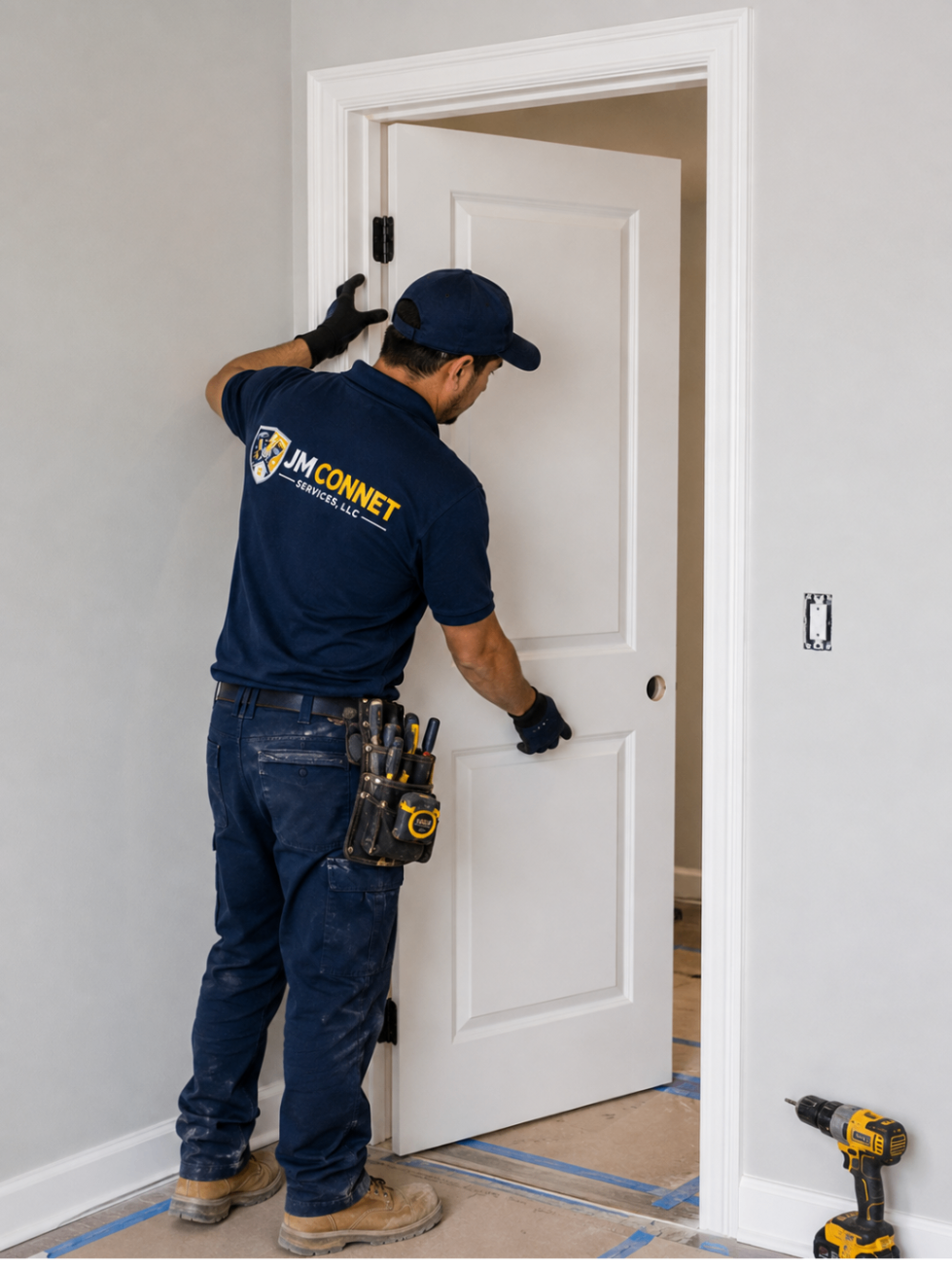 Technician leveling a new interior door jamb during a door installation