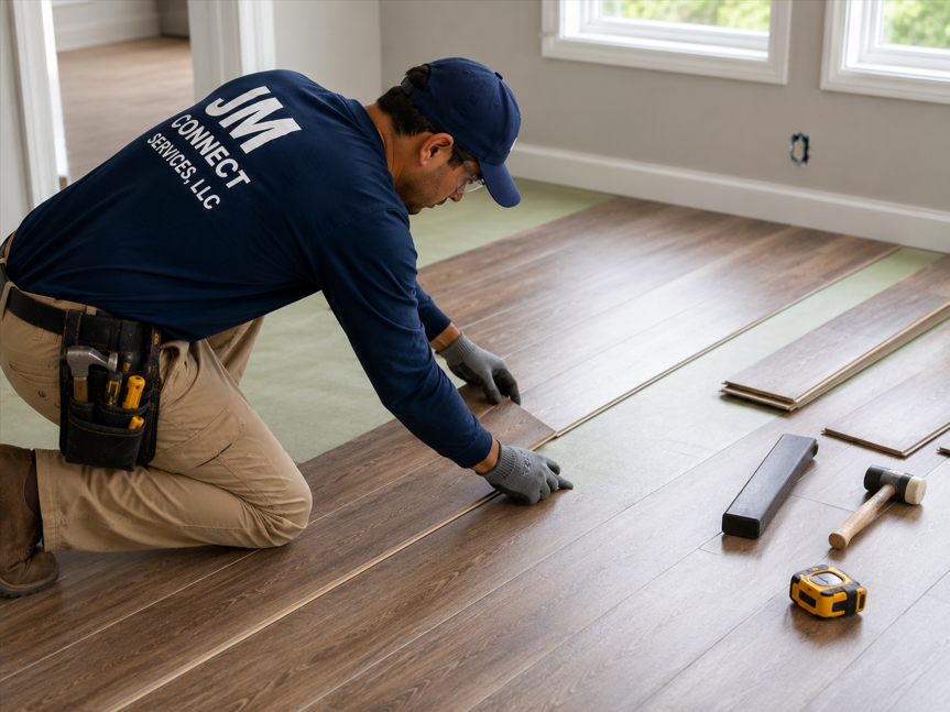 Installer setting new plank flooring in a residential room
