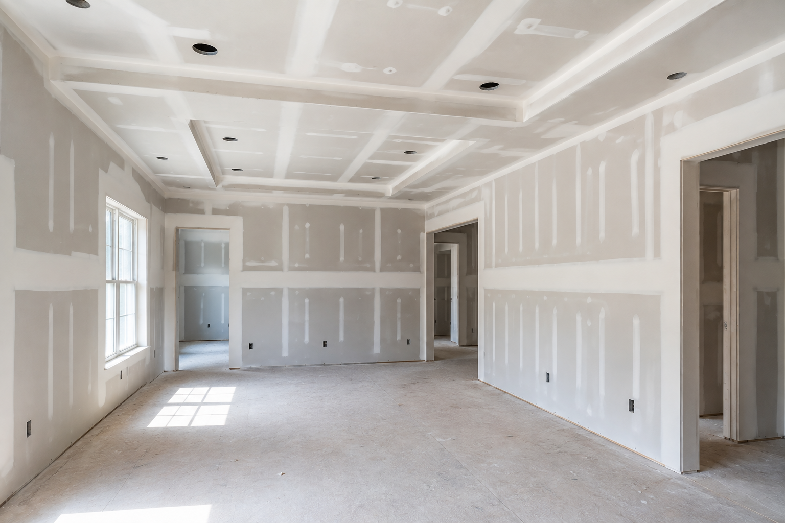 Contractor finishing a repaired drywall seam on an interior wall