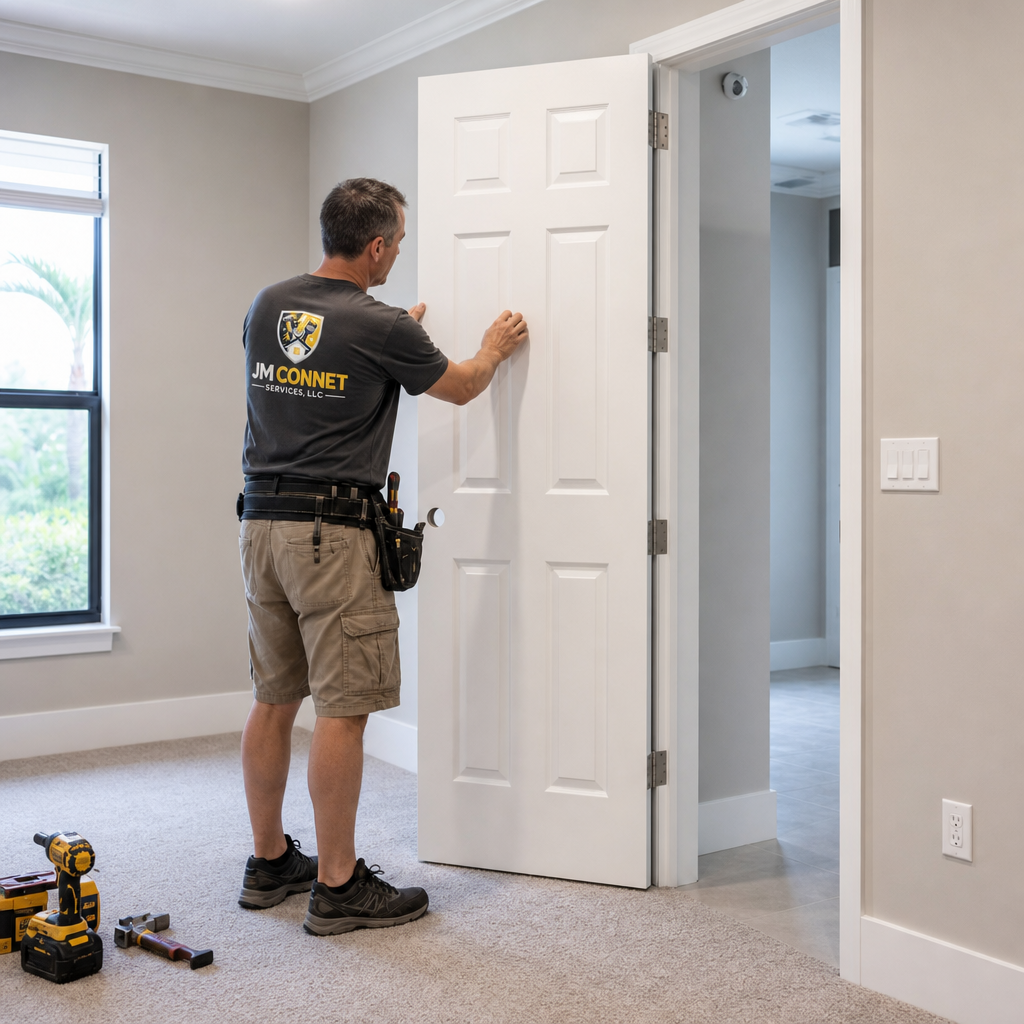 Technician hanging a white six-panel interior door in a bedroom