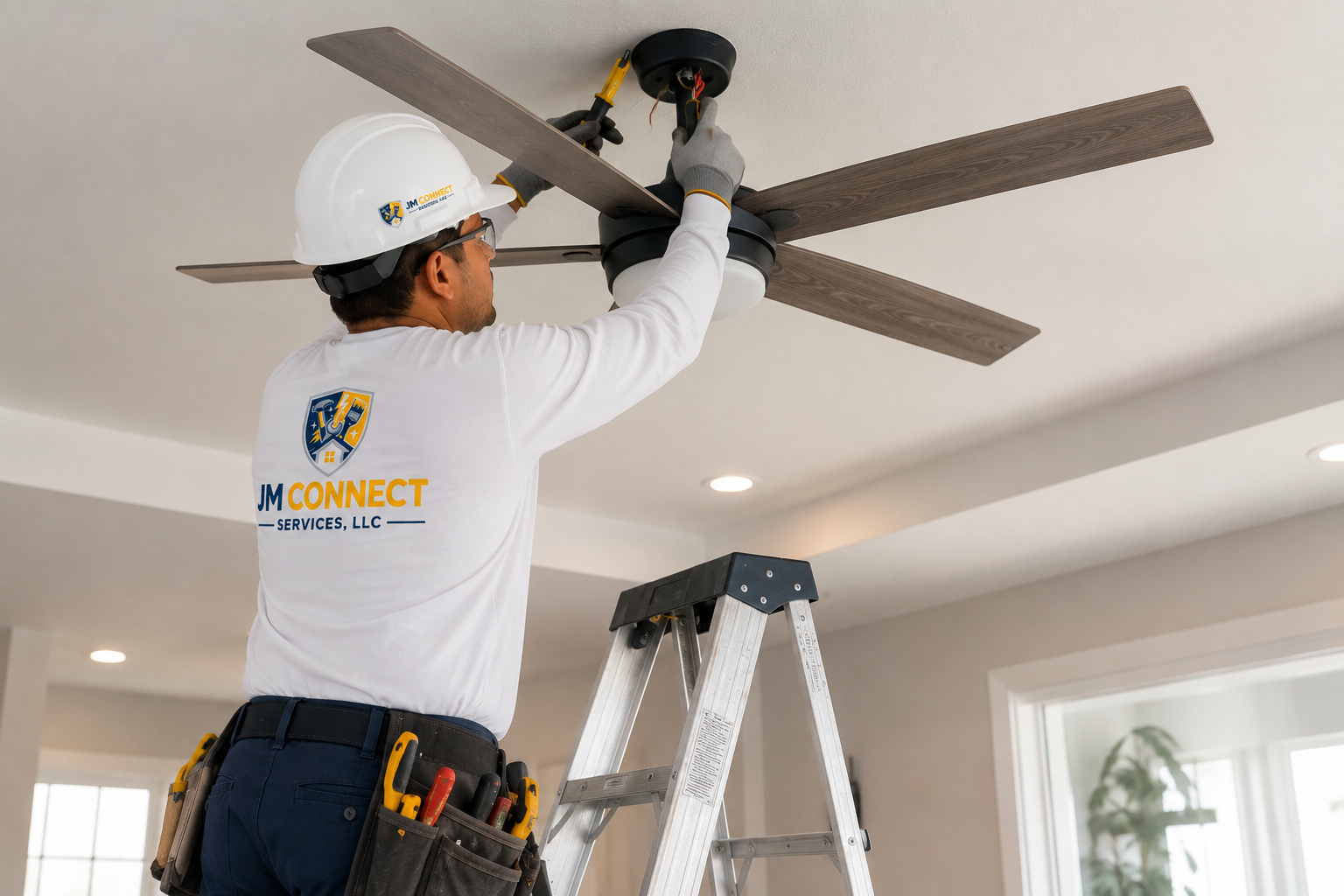Technician installing a ceiling fan in a residential living room