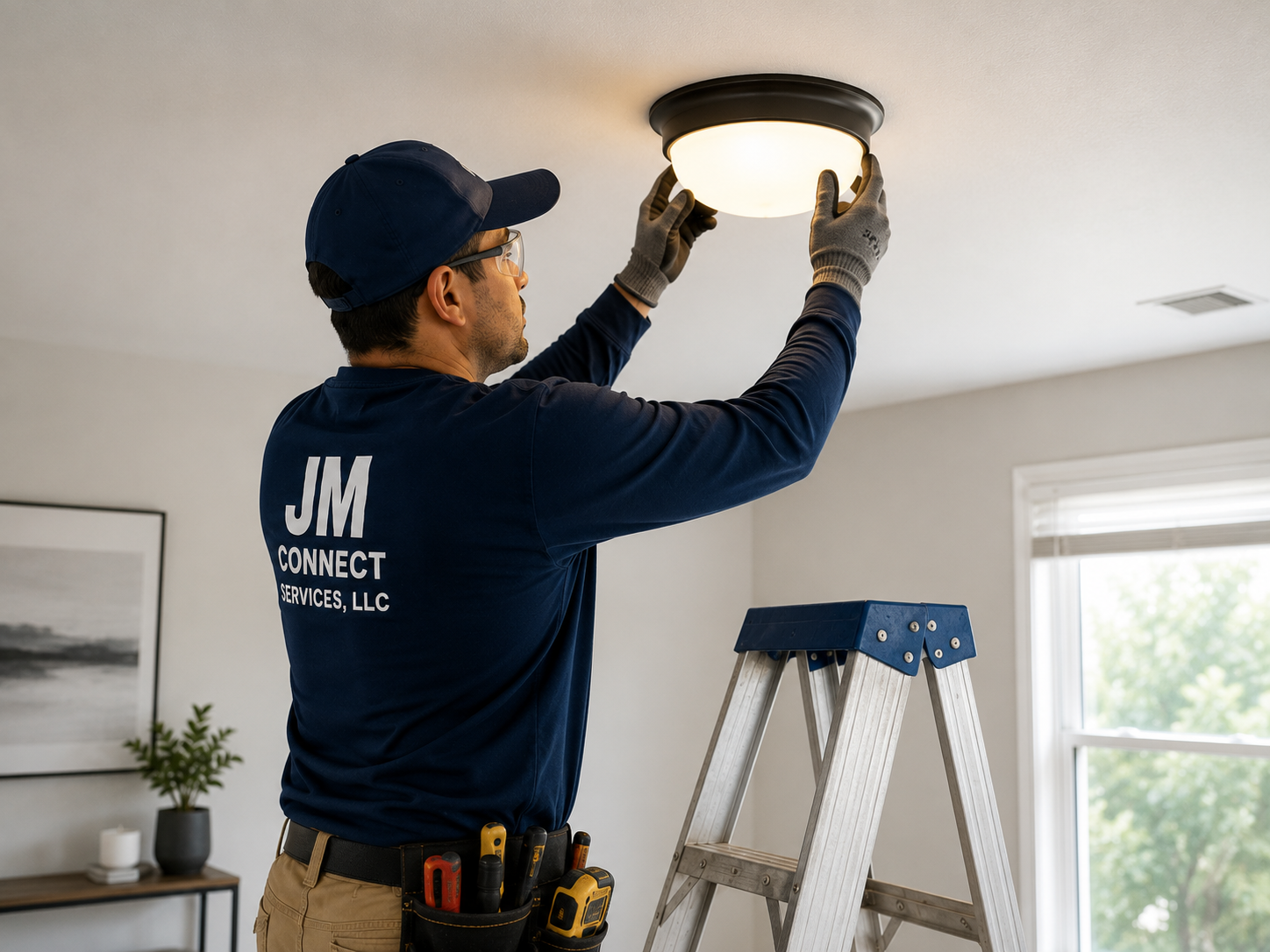 JM Connect technician installing a ceiling light fixture