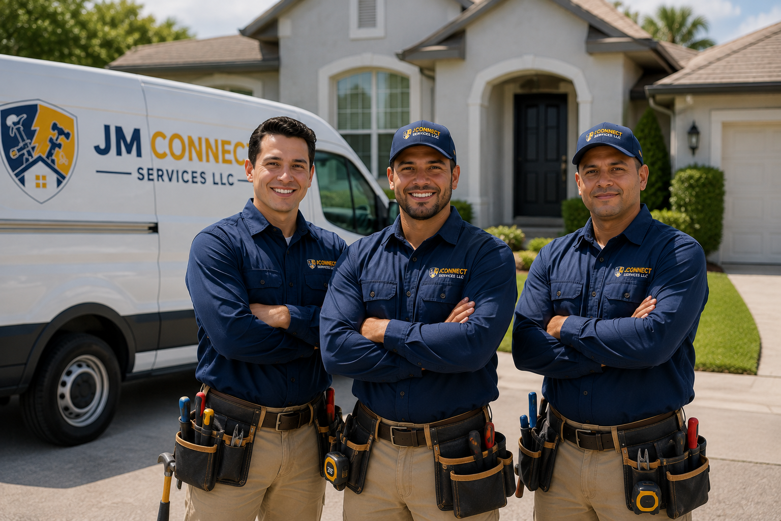 The JM Connect Services team standing together in front of the service van