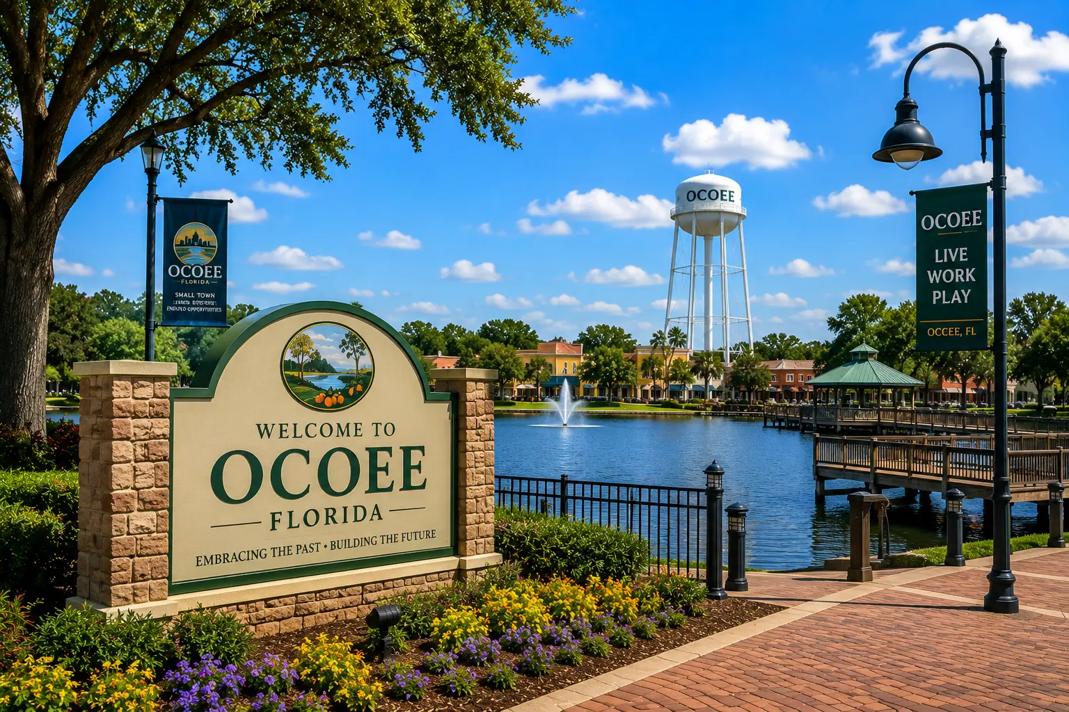 Welcome to Ocoee, Florida sign beside the lakefront boardwalk and water tower