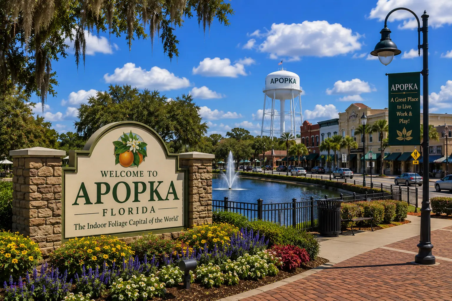 Welcome to Apopka, Florida sign with downtown fountain and water tower