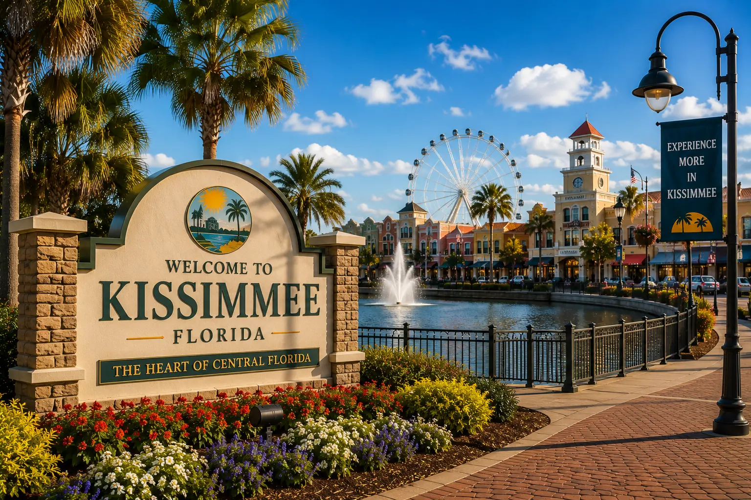 Welcome to Kissimmee, Florida sign with palms and the observation wheel