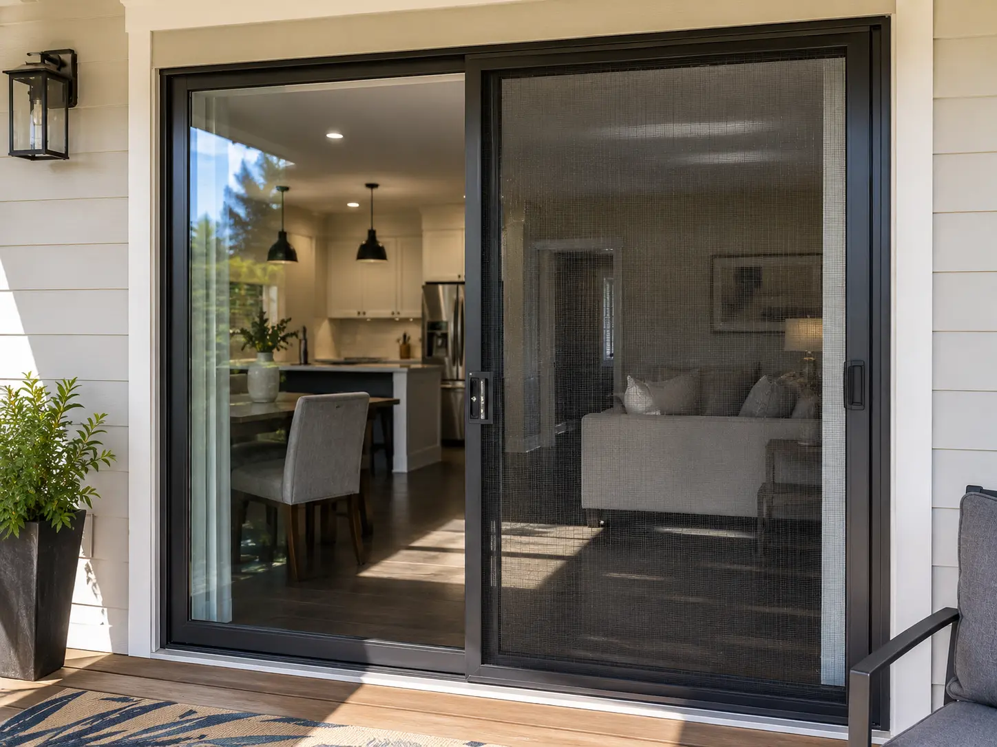 Technician installing a sliding screen door on a patio slider