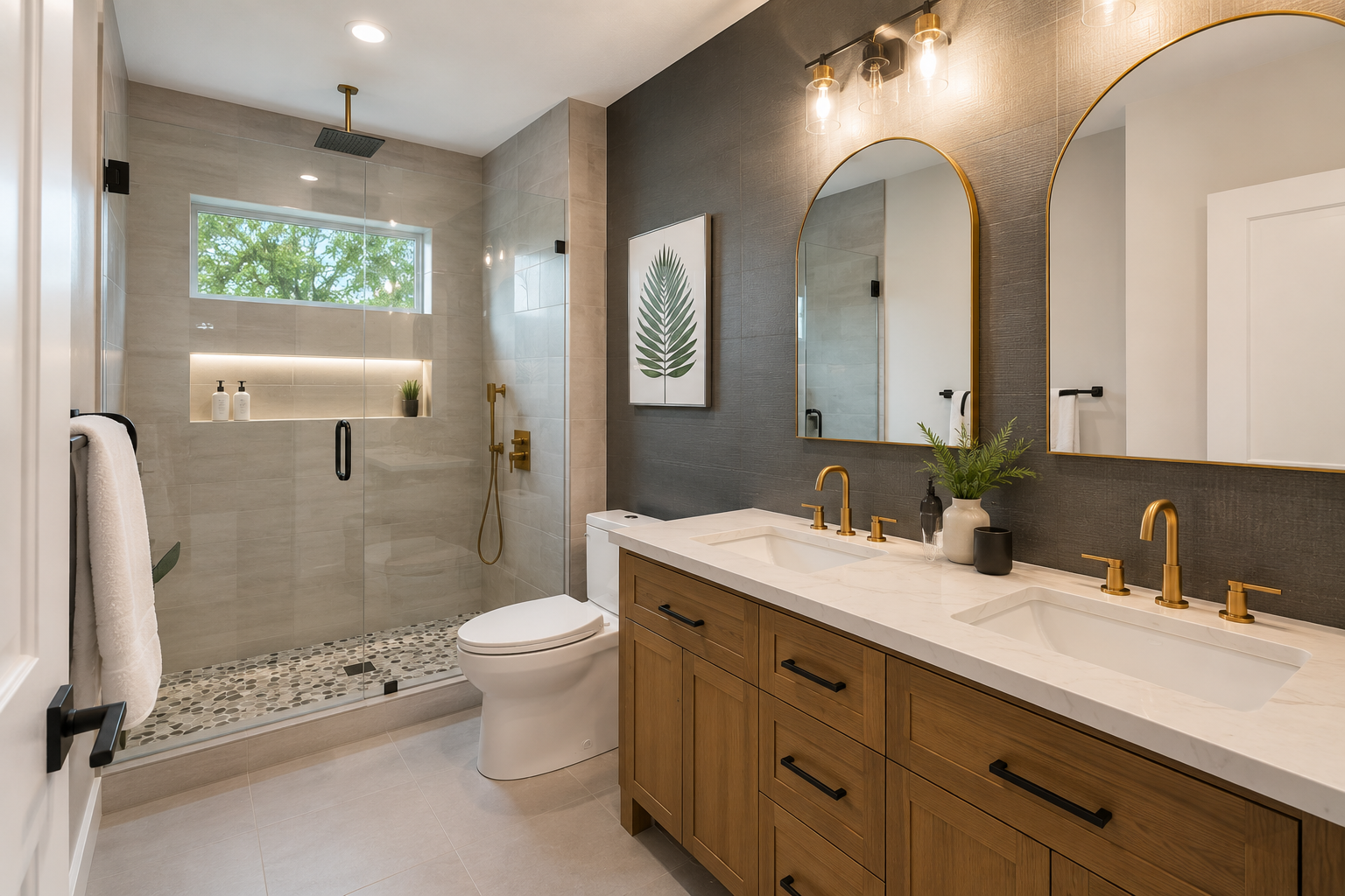 Remodeled bathroom with walk-in tiled shower, double vanity, and arched mirrors