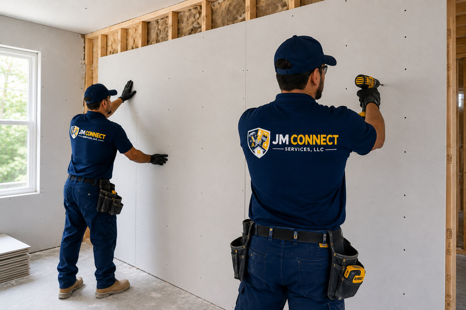 Two workers installing a new drywall sheet on wall studs