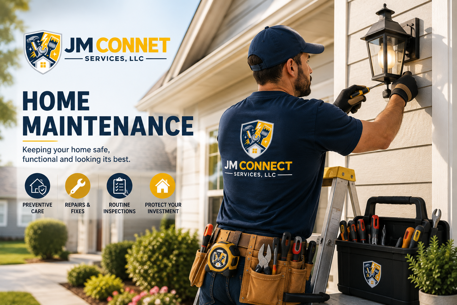 JM Connect Services technician servicing an exterior light fixture during a home maintenance visit