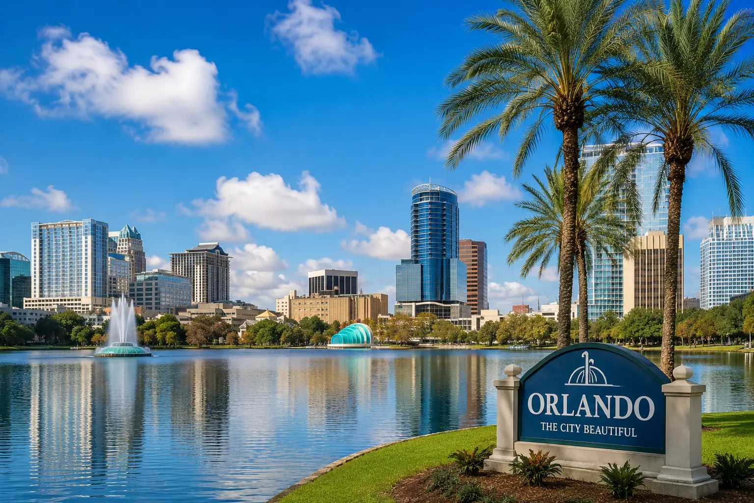 Downtown Orlando skyline and Lake Eola with the Orlando city sign