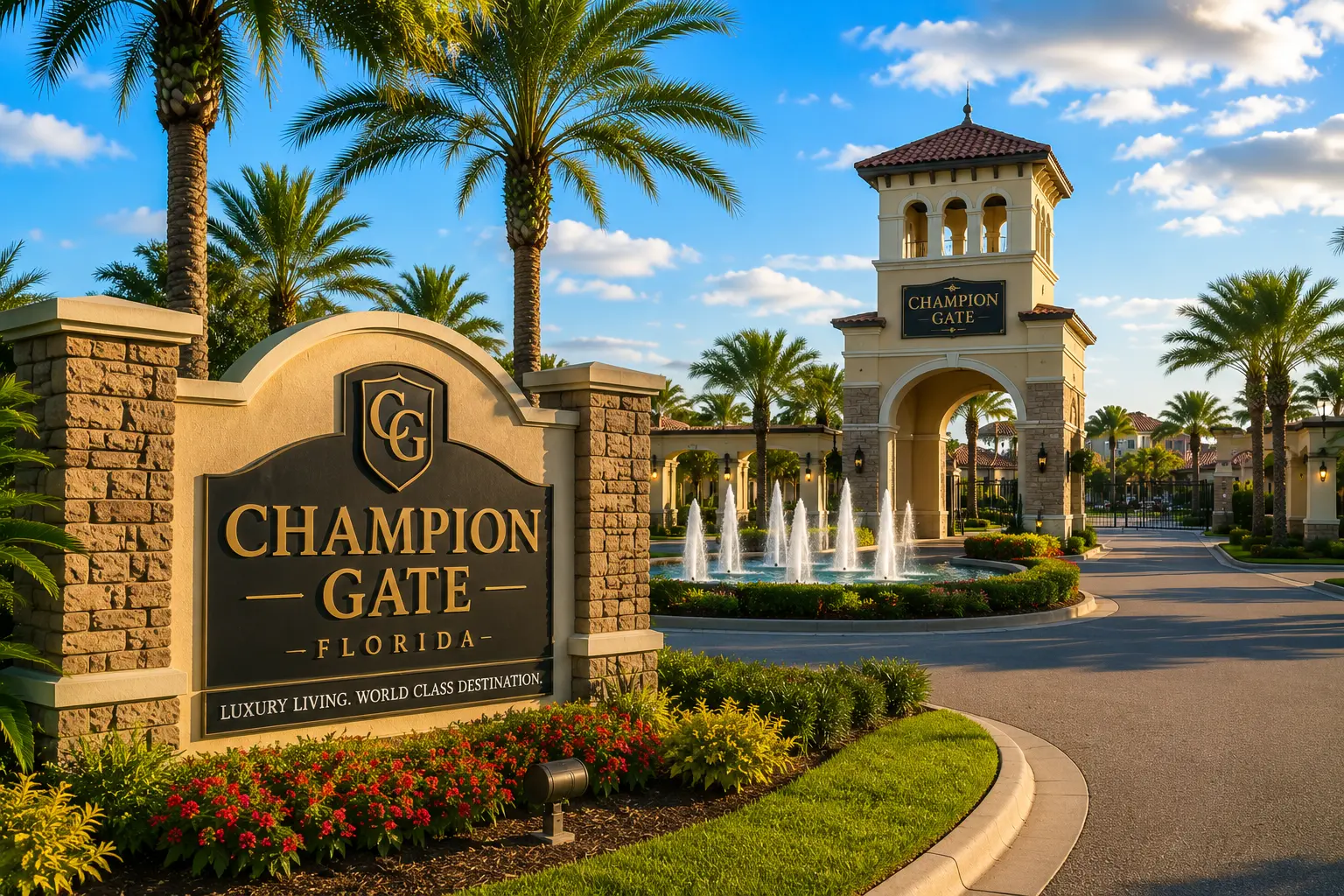 ChampionsGate, Florida entrance sign with fountains and the arched tower