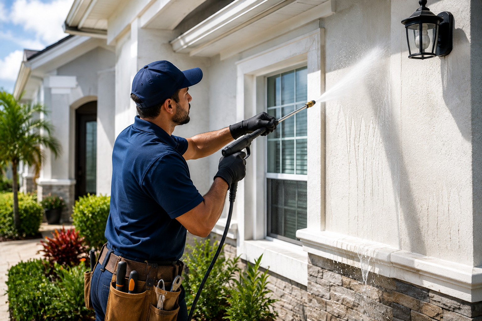 Professional house exterior and facade pressure washing service