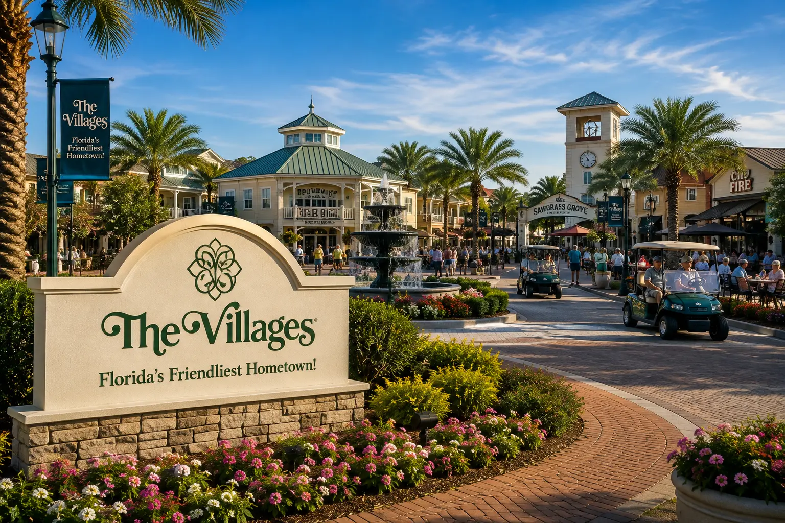 The Villages town square with fountain and golf carts