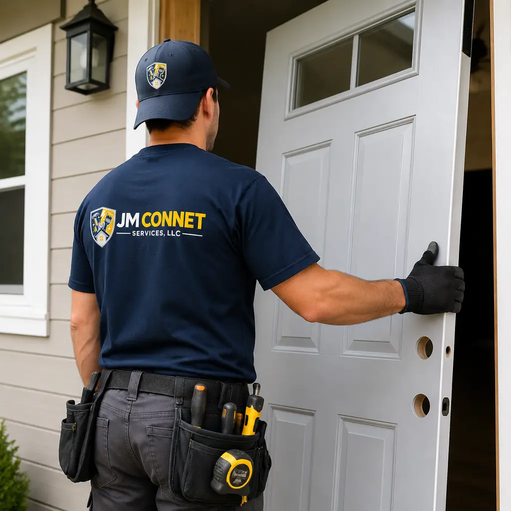 Two technicians setting a new fiberglass entry door in a Florida home