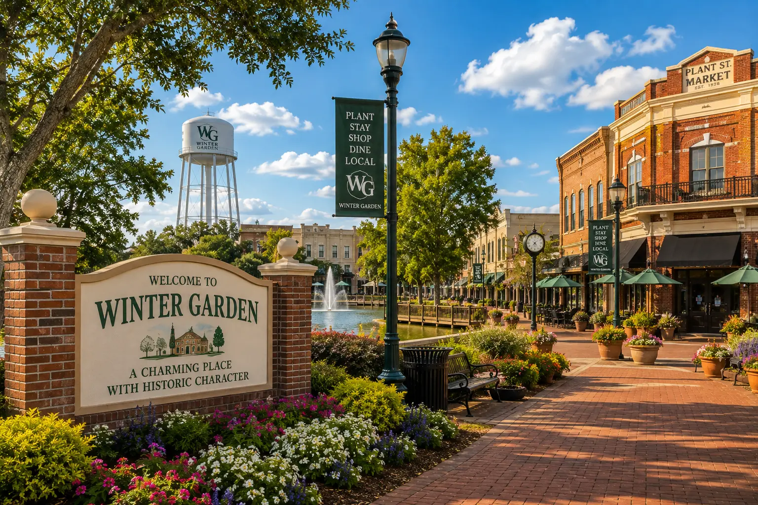 Historic downtown Winter Garden with the Welcome to Winter Garden sign