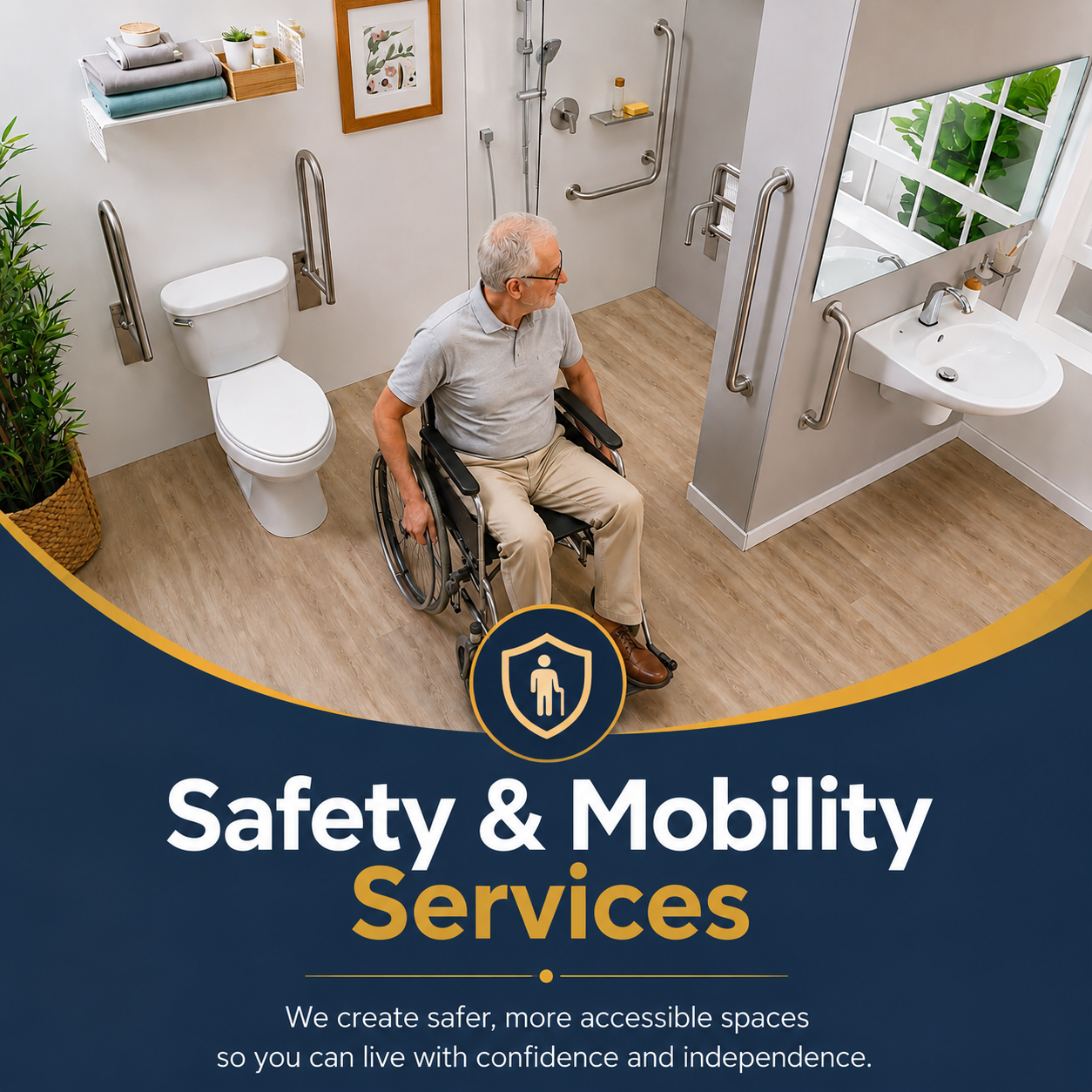 JM Connect Services Safety & Mobility Services — accessible bathroom with grab bars and roll-in shower