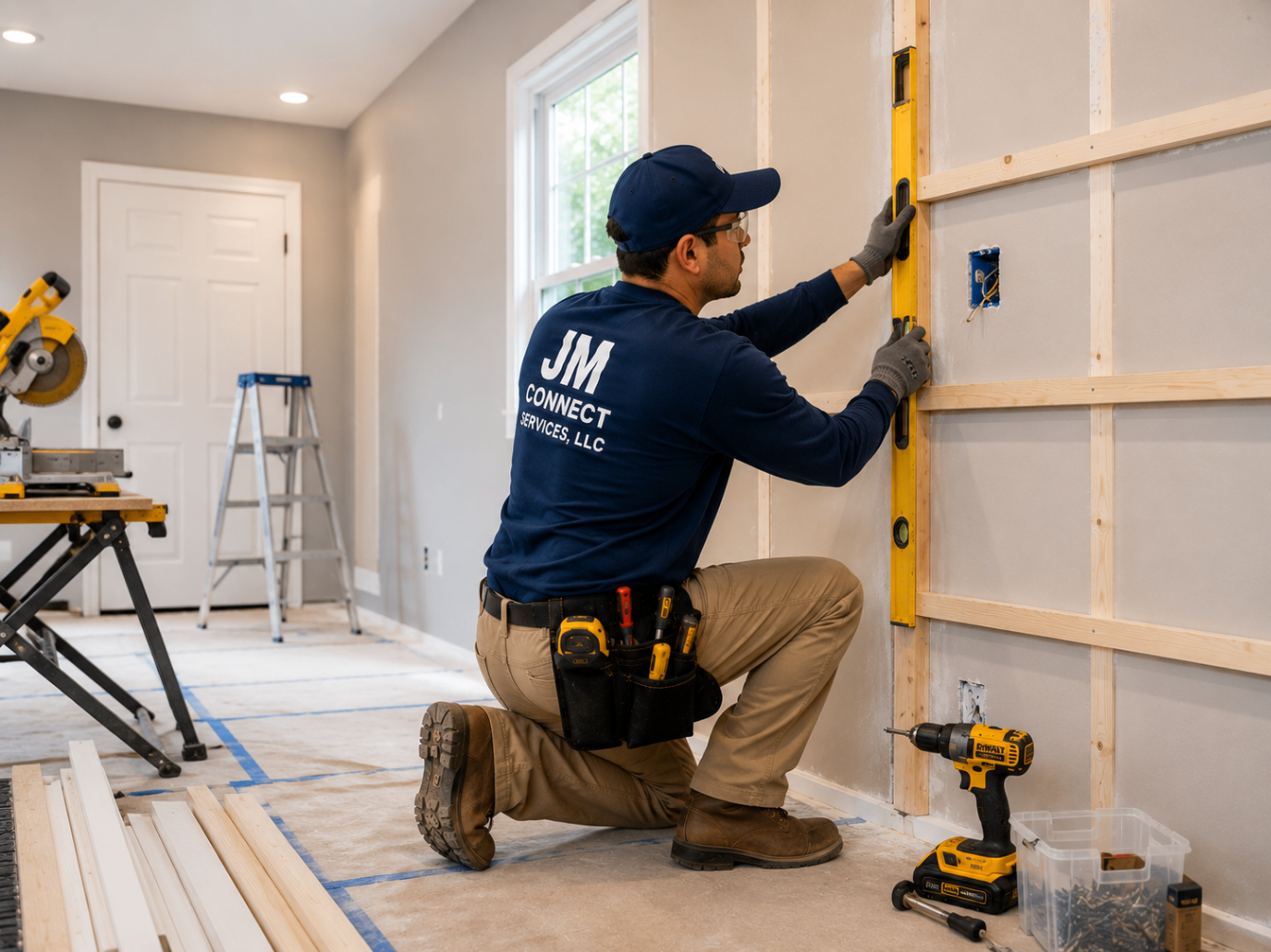 JM Connect technician framing an accent wall