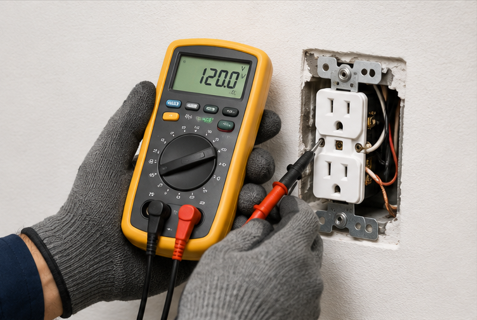 JM Connect Services technician testing a wall outlet with a multimeter