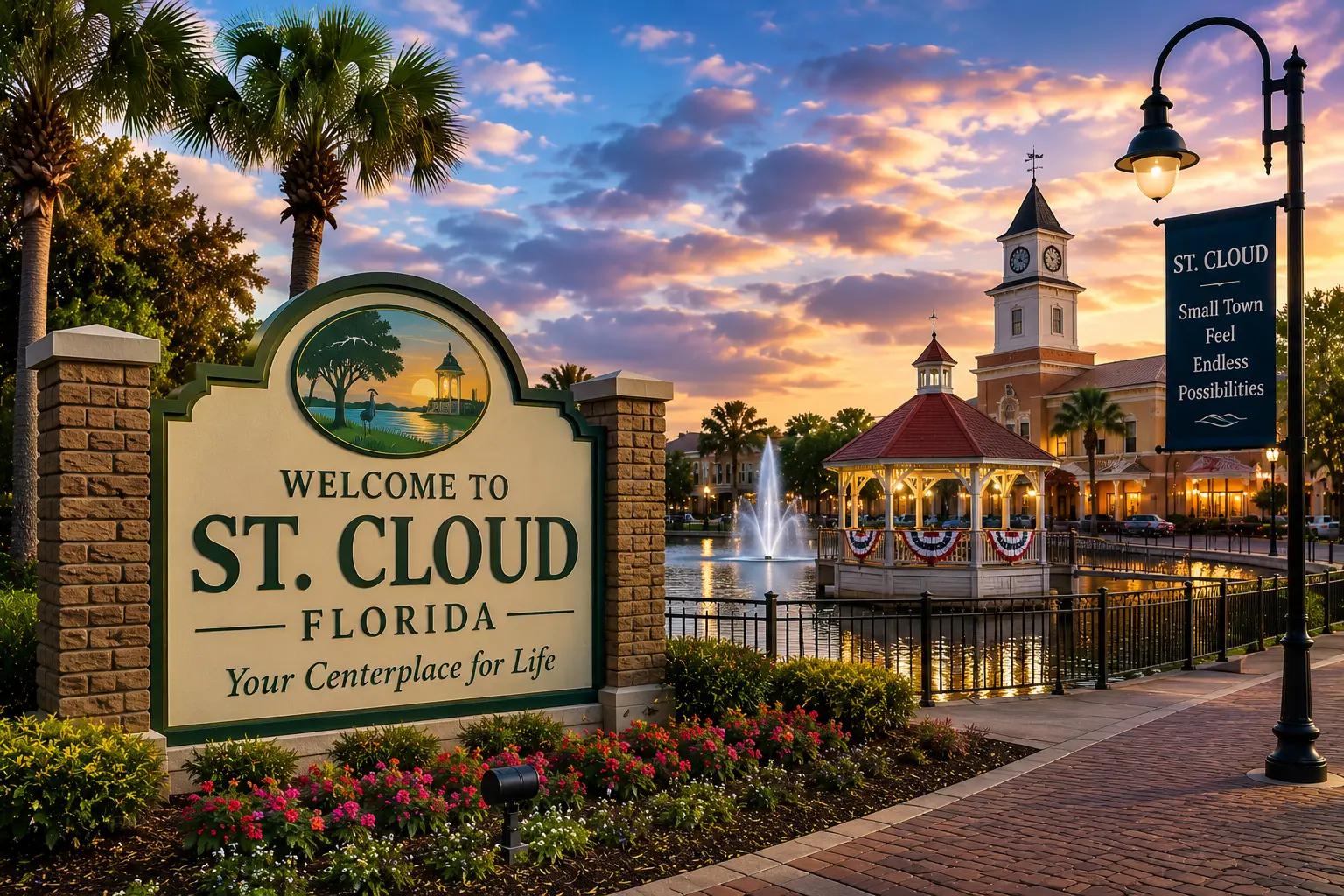 Welcome to St. Cloud, Florida sign at sunset with the lakefront gazebo