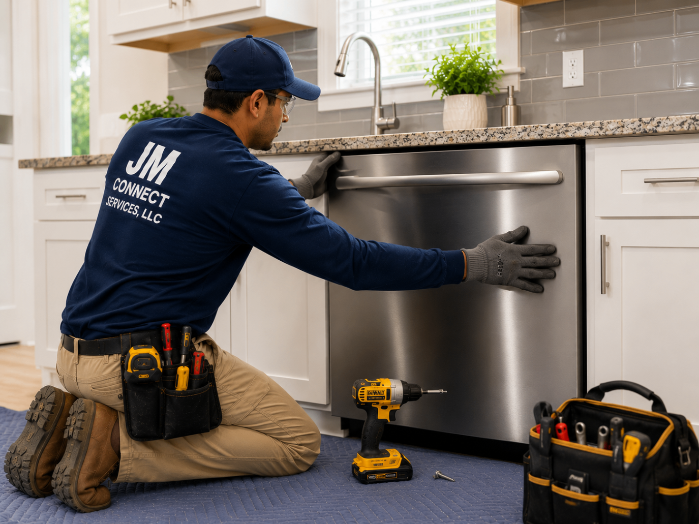 JM Connect technician installing a stainless steel dishwasher