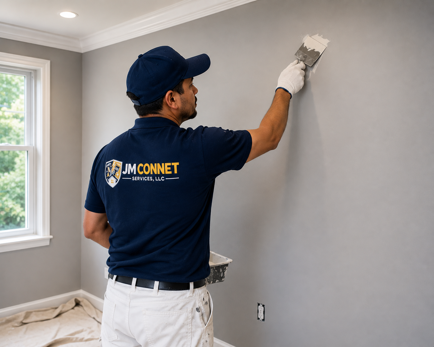Worker sanding a drywall seam smooth on an interior wall