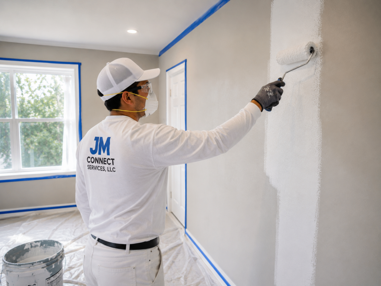 JM Connect painter rolling fresh paint on an interior wall