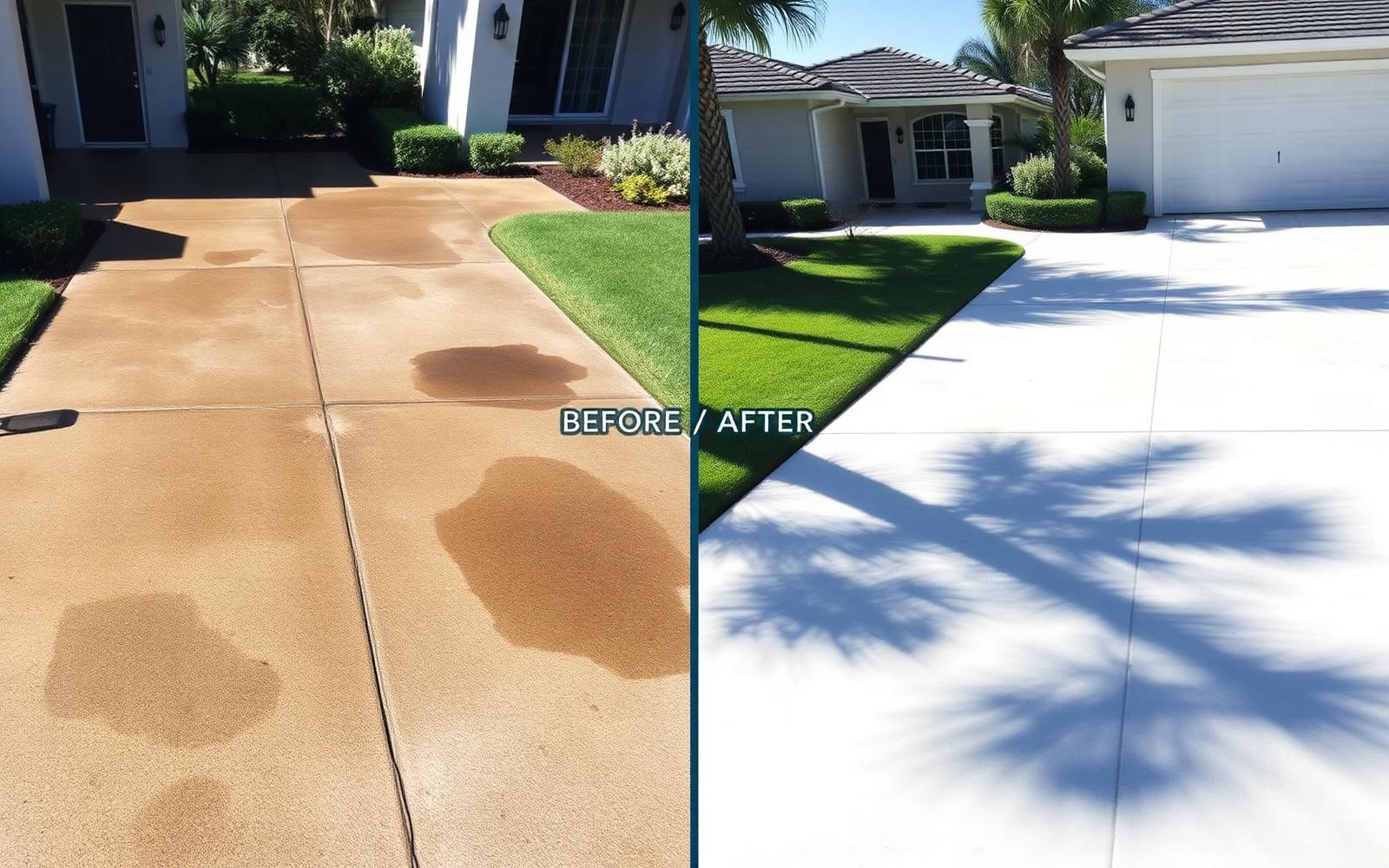 Driveway before and after pressure washing in Central Florida