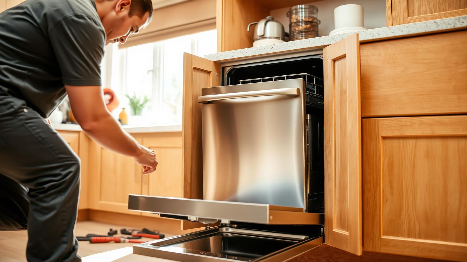 Technician installing a stainless steel dishwasher into a residential kitchen cabinet