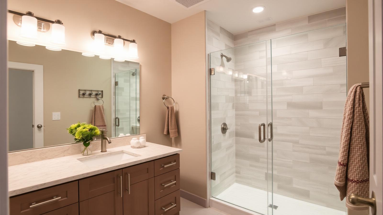 Modern remodeled residential bathroom in a Florida home with new vanity and walk-in shower