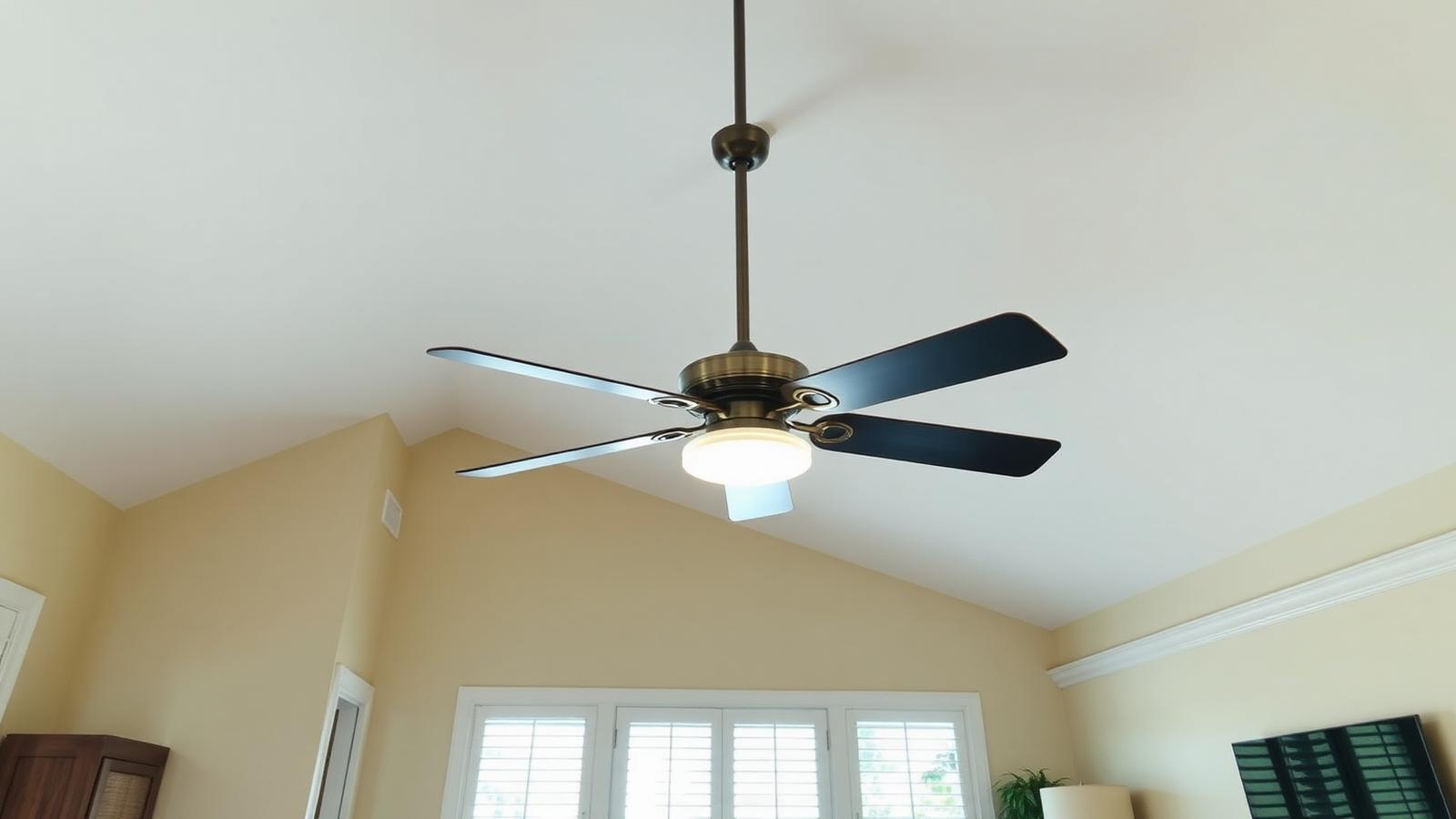 Newly installed ceiling fan with light kit on a vaulted ceiling in a Florida home