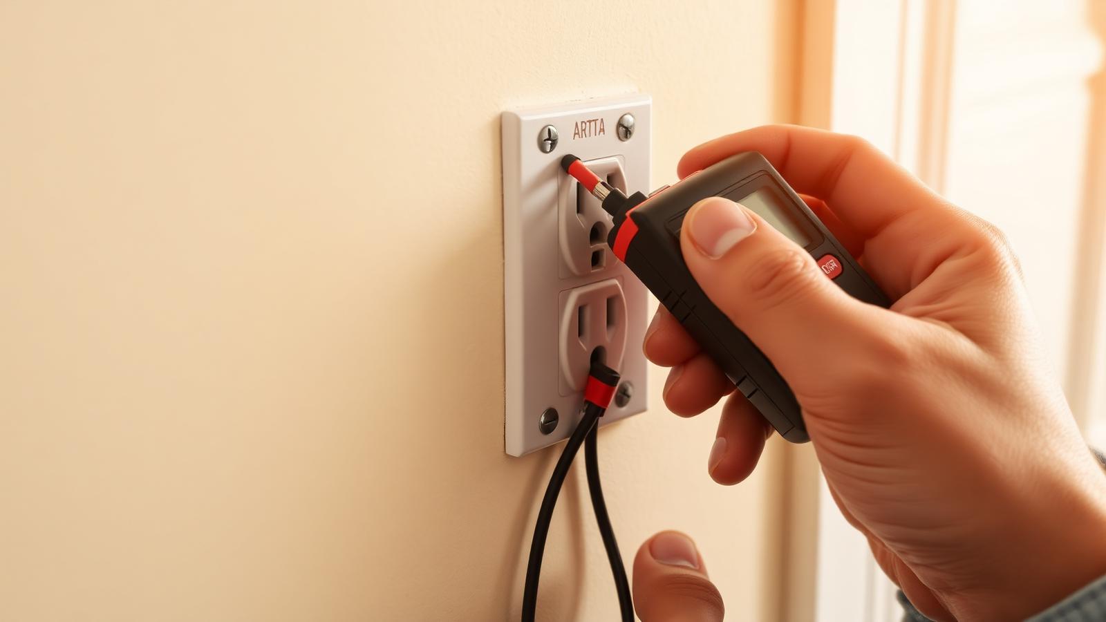 Technician testing a residential wall outlet with a voltage tester inside a home