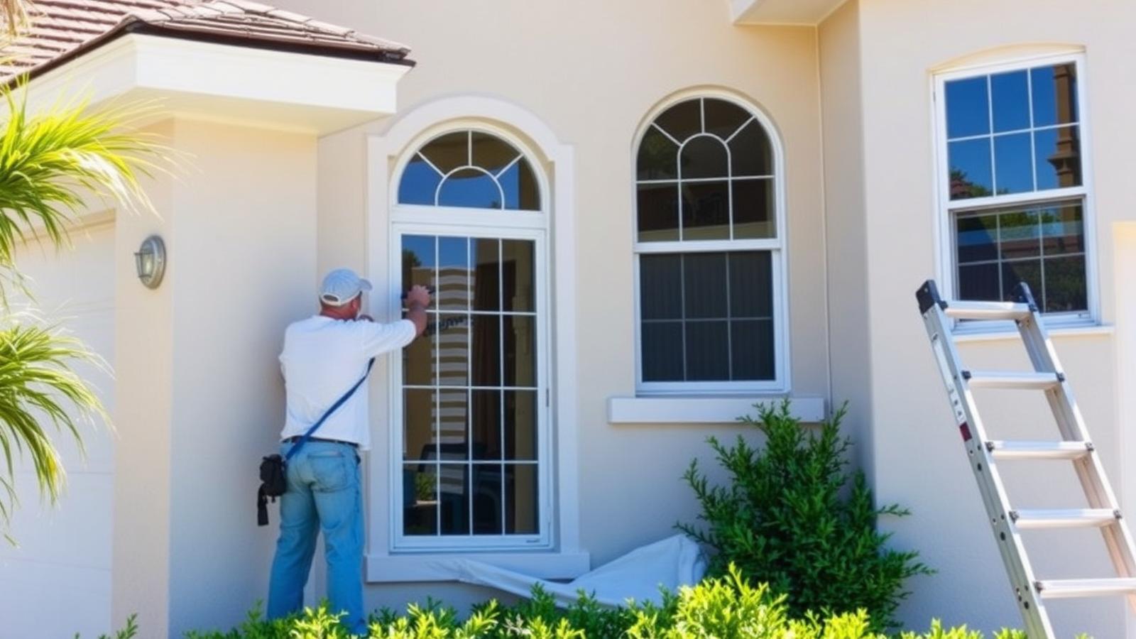 Exterior painting preparation on a Florida stucco home with masked windows and protected landscaping