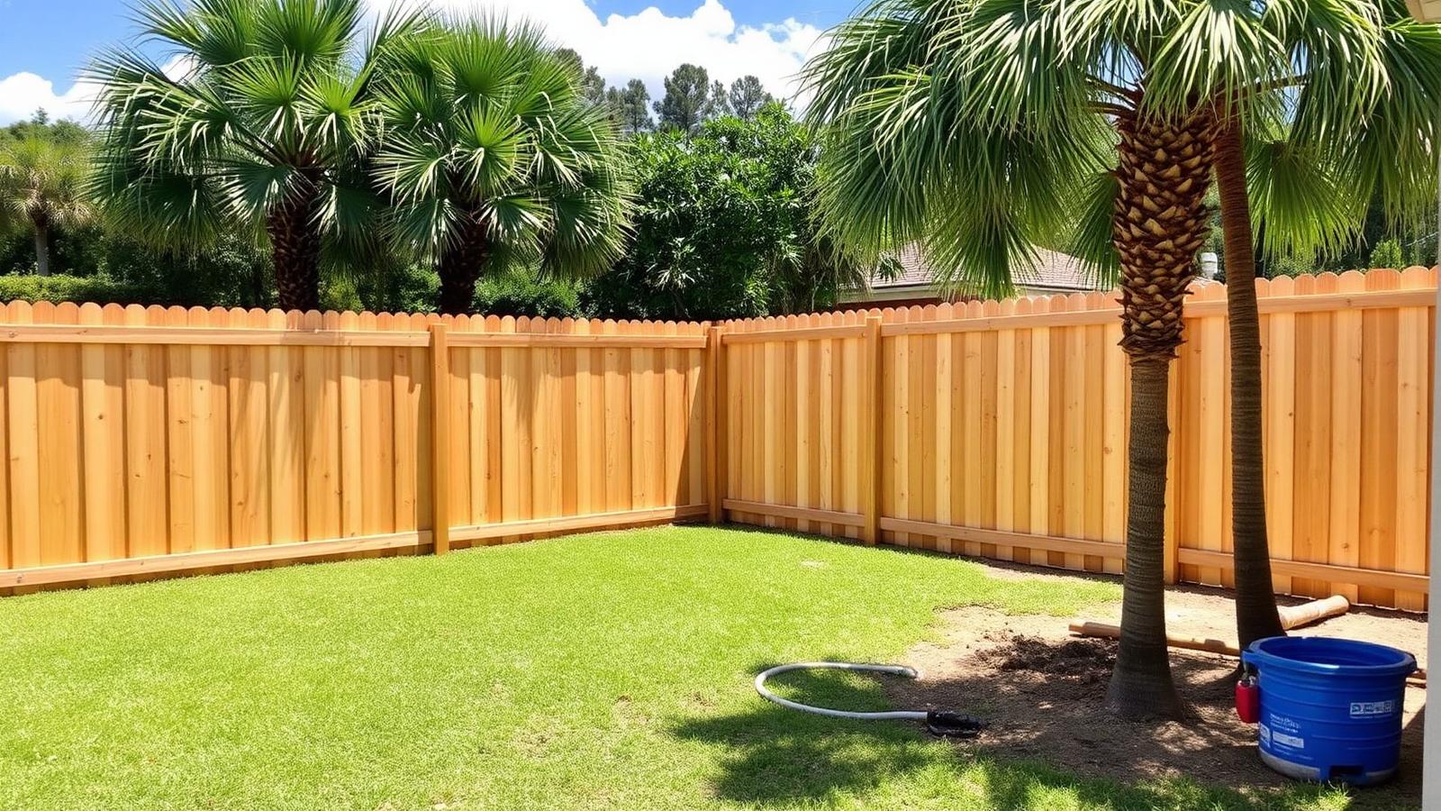Newly installed wood privacy fence in a Central Florida residential backyard